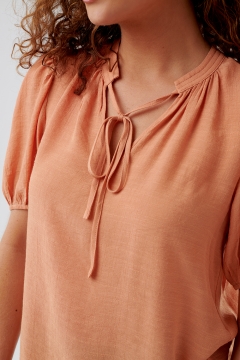 womens orange tie neck puff sleeve top
